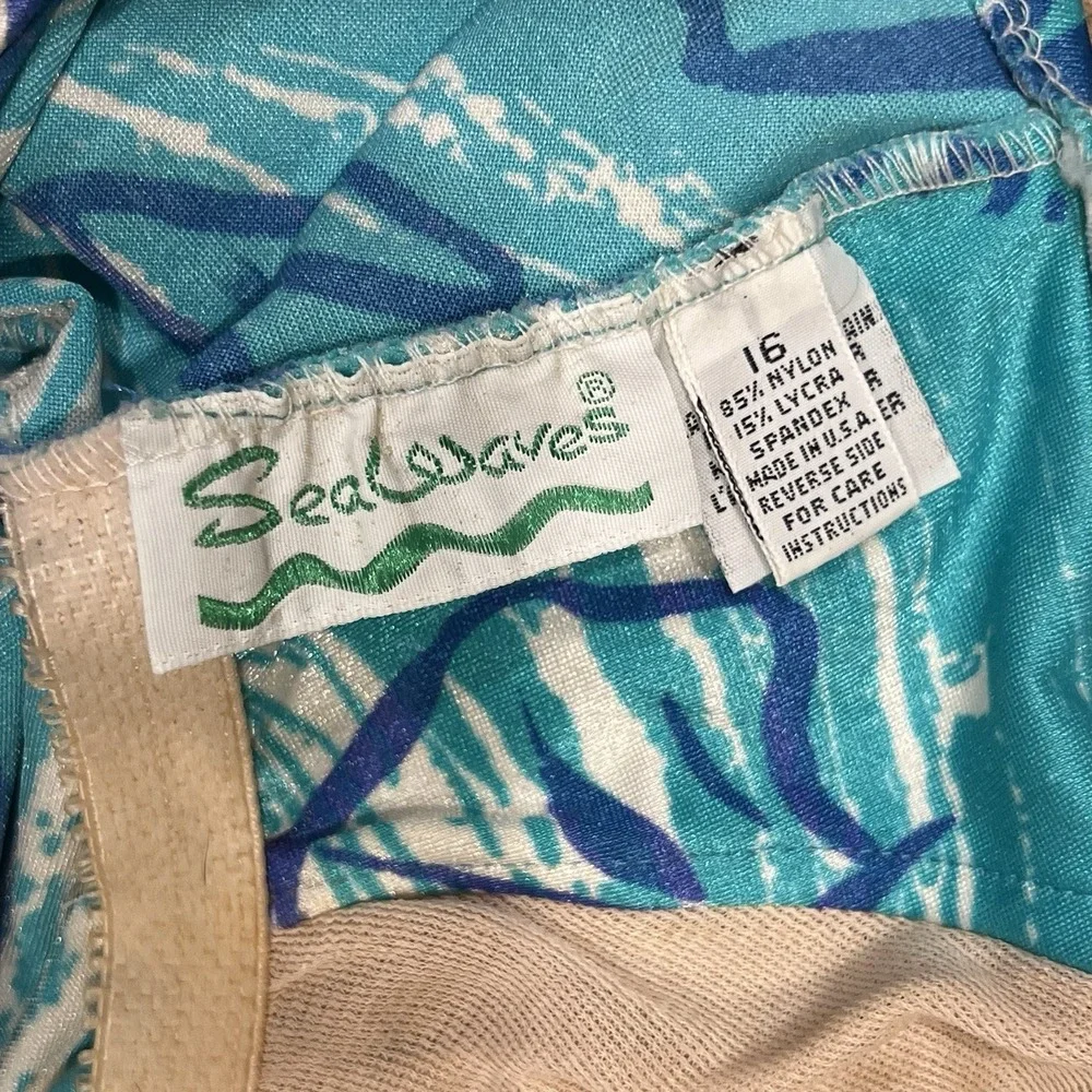 Vintage Sea Waves One-Piece Swimsuit, Women's Size 16, Seashells, Teal, Padded